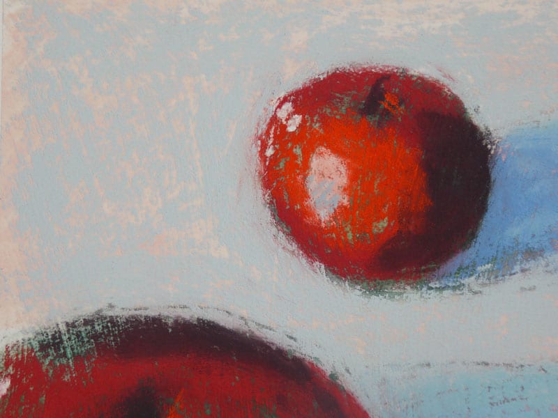 pastel painting of three red apples on a pale blue ground