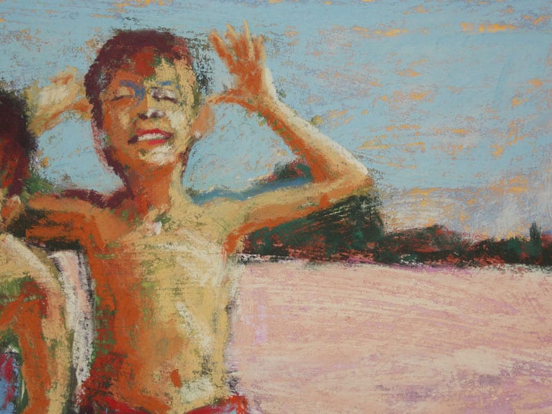 pastel painting of two boys on the beach