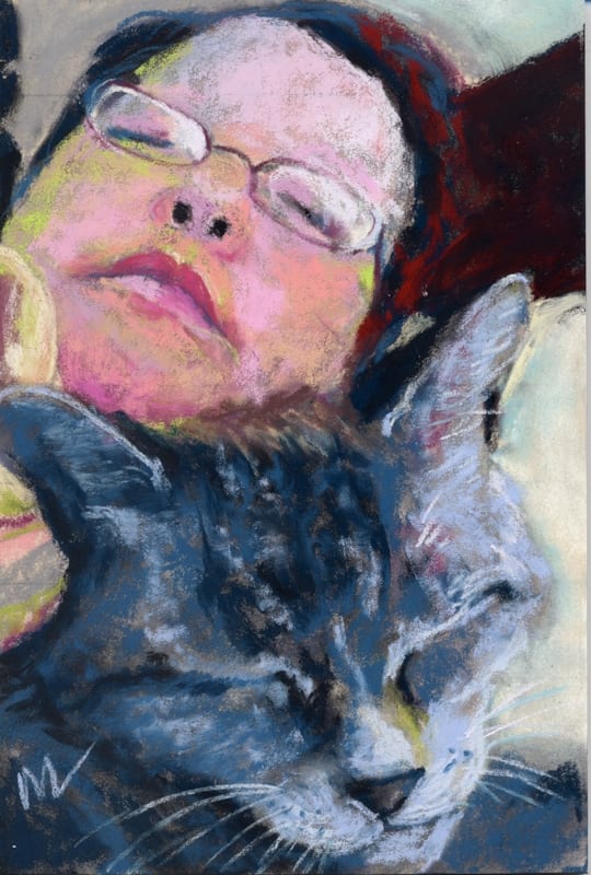 pastel of a woman and her cat, sleeping