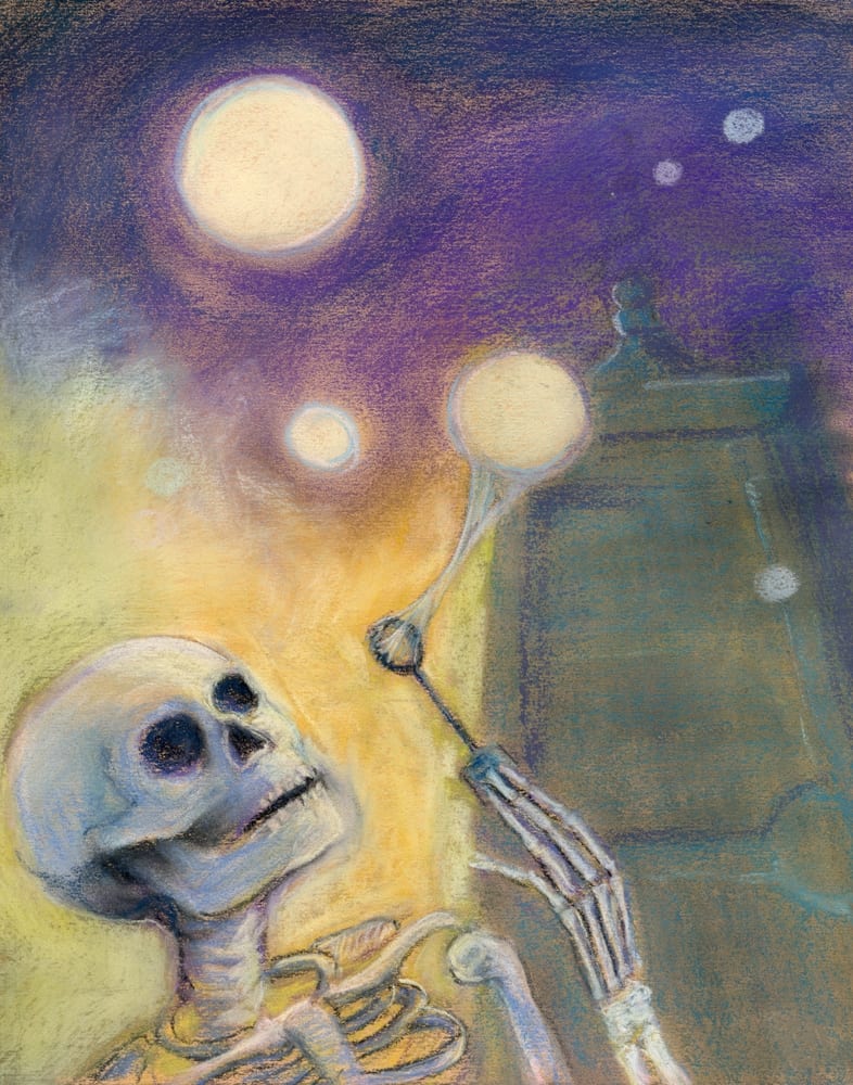 pastel painting of a skeleton blowing bubbles