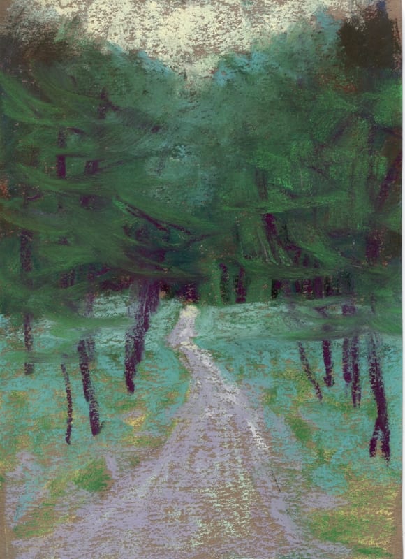 pastel painting of a path through the woods