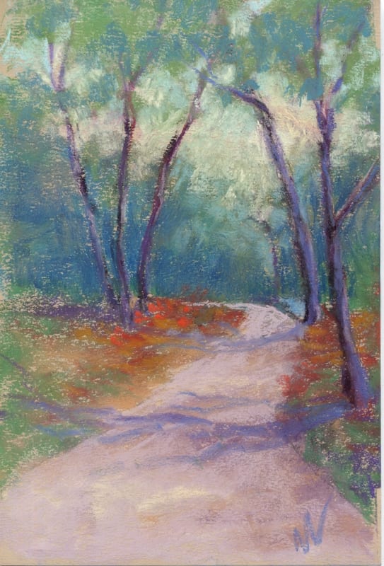 pastel painting of a sunlit path through the woods