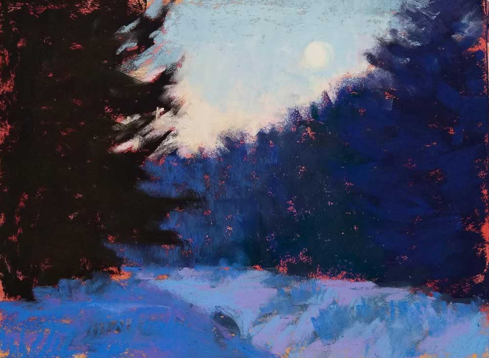 Moonset over the Ditch, 6x8" pastel on sanded paper, $600.